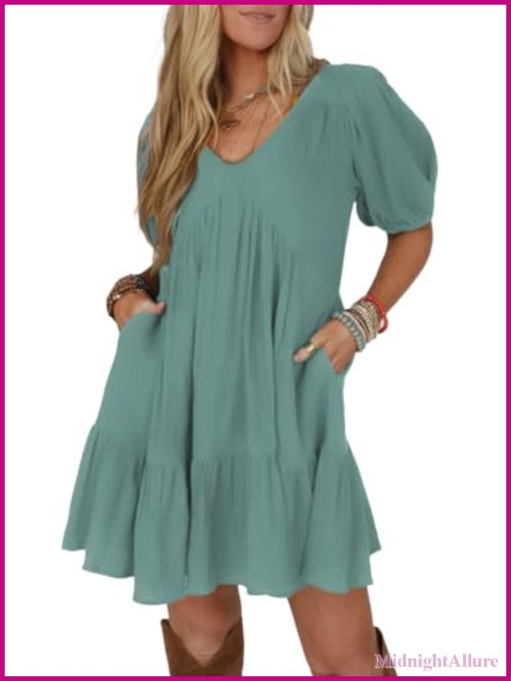 Deep V Neck Loose Fit Short Sleeve Mini Sundress Flowy A-Line Casual Summer
